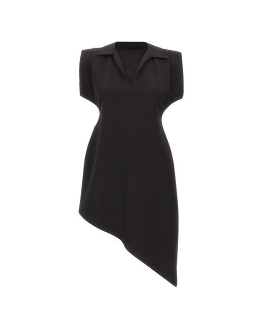 Kaos Black Asymmetric Padded-Shoulder Midi Dress