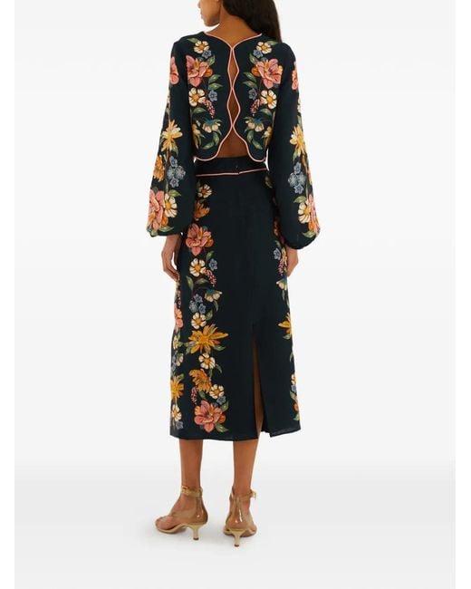 Farm Rio Black Floral-Embroidered Midi Skirt