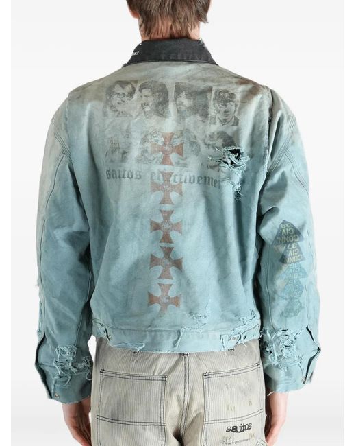 SAITOS Blue Distressed Graphic-Print Work Jacket for men