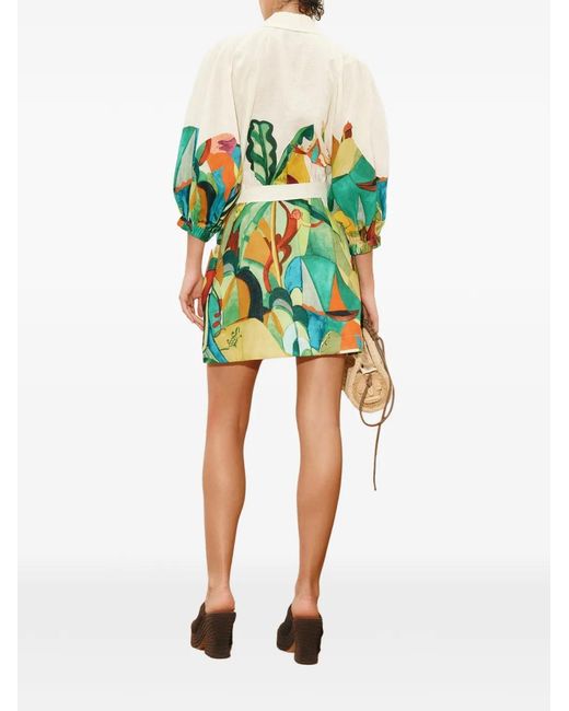 ALÉMAIS Green Mokshini Puff-Sleeve Printed Mini Dress