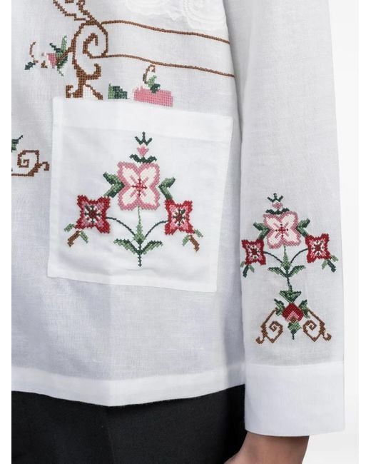 BAZISZT White Sena Floral-Embroidered Pocket Shirt for men