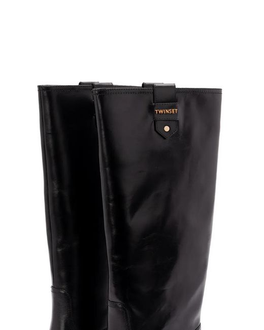 Twinset Black Logo-Plaque Block-Heel Boots