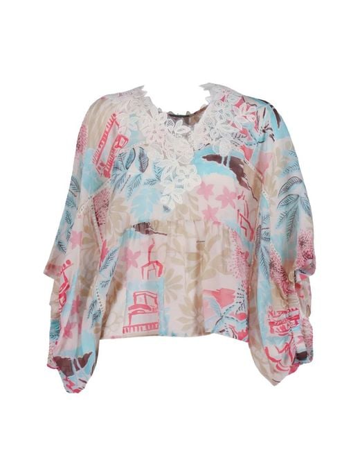 Ermanno Scervino White Lace-Trim Floral-Print Blouse