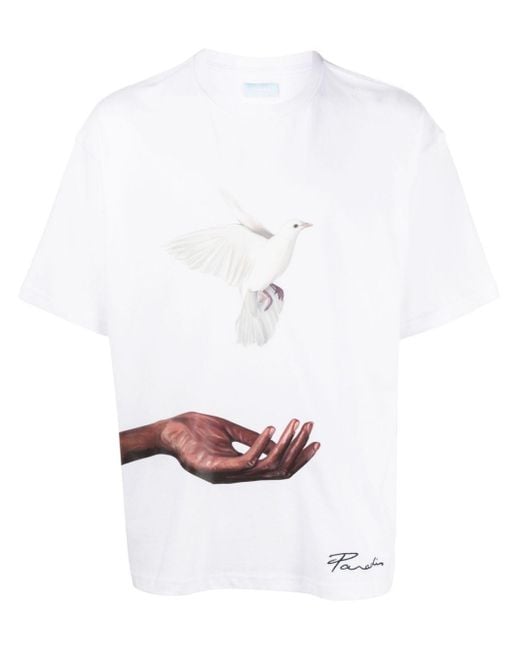 3.PARADIS White Bird-print Cotton T-shirt for men