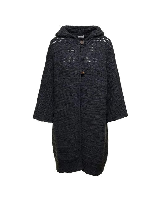 Brunello Cucinelli Blue Hooded Chunky-Knit Cardigan Coat