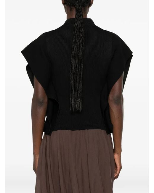 CFCL Black Portrait Ruffled-Sleeves Ribbed Top