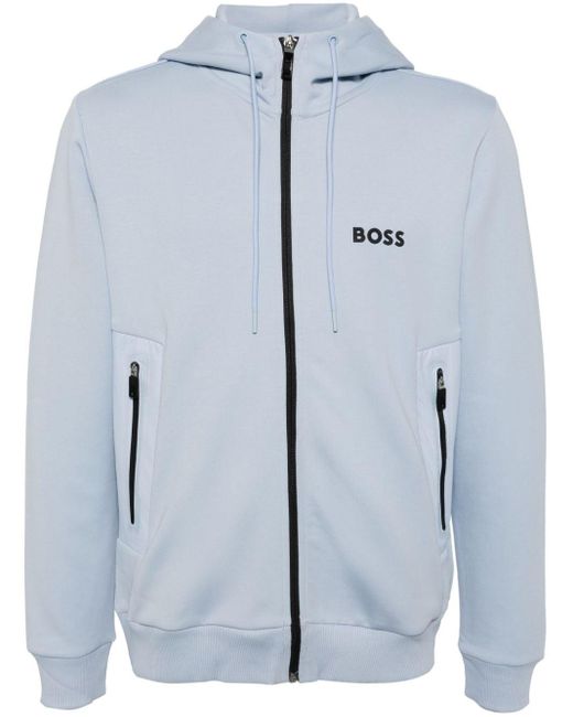 Boss Blue Logo-print Zip-up Hoodie for men