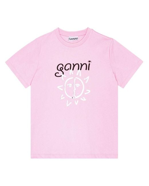 Camiseta con logo estampado Ganni de color Pink