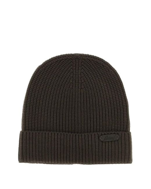 Brioni Black Ribbed-Knit Logo-Patch Beanie for men