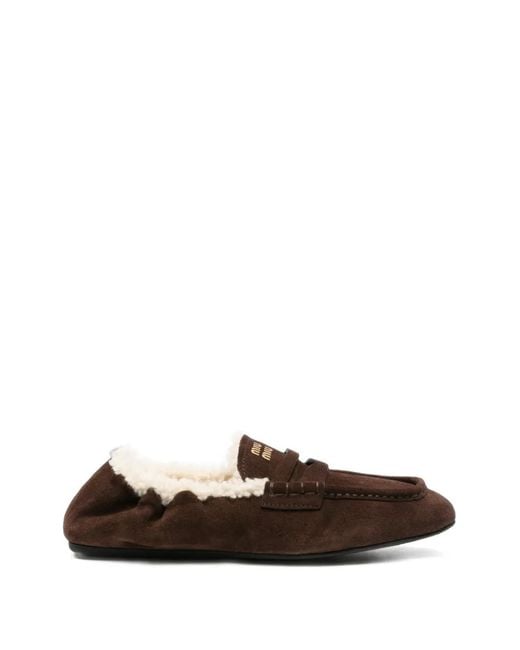 Miu Miu White Shearling-Lined Suede Loafers