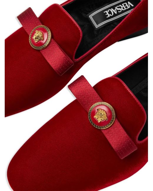 Versace Red Gianni Ribbon Velvet Slippers