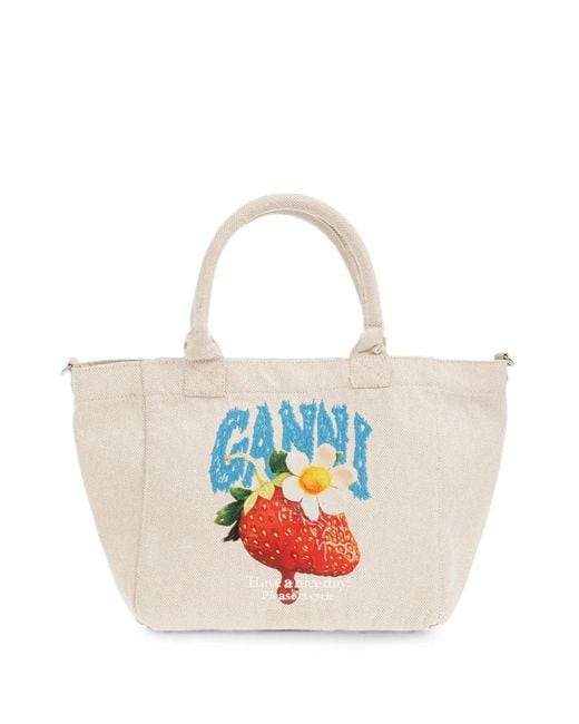 Ganni White Strawberry-Print Logo-Embroidered Tote Bag