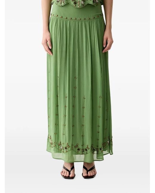 INTROPIA Green Bead-Embellished Pleated Maxi Skirt