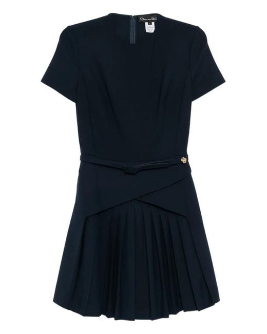 Oscar de la Renta Blue Belted Pleated Dress