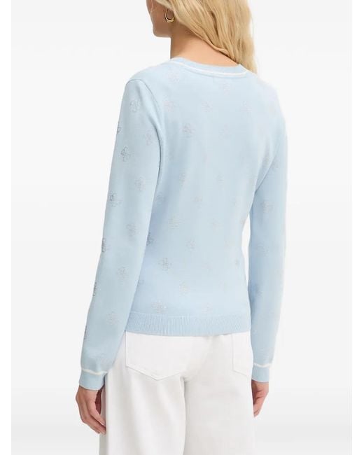 Guess Blue Cardigan À Motif De Logo Et Strass