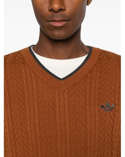 Adidas Brown Cable-Knit V-Neck Sweater for men