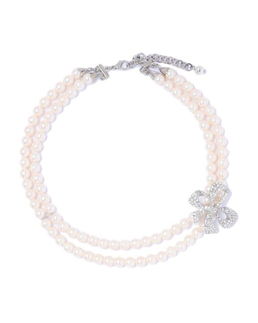 Alessandra Rich White Crystal-bow Double Pearl Necklace
