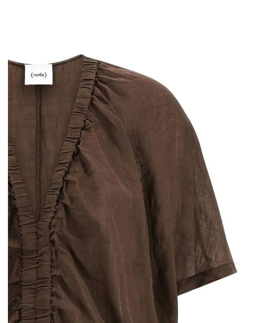 Nude Brown V-Neck Drawstring Blouse