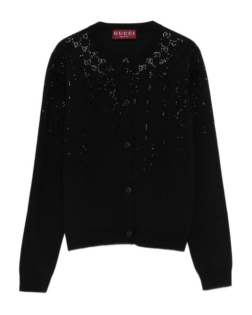 Gucci Black Fine Wool Cardigan With Gg Crystals