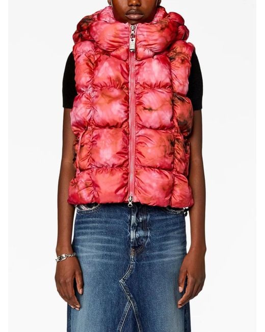 DIESEL Red Sleeveless Tie-dye Puffer Jacket