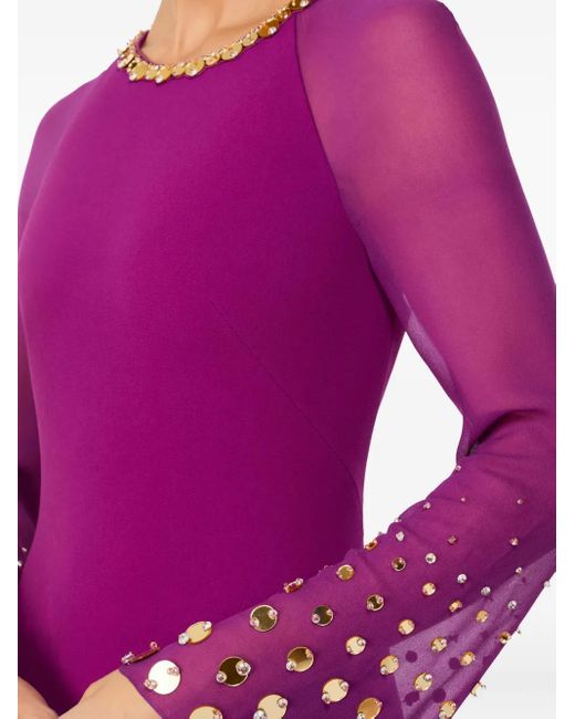 Jenny Packham Purple Eurabia Mesh-Sleeve Midi Dress