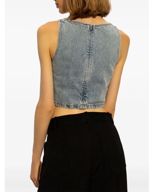 Self-Portrait Gray Denim Top Embellished With Rhinestones