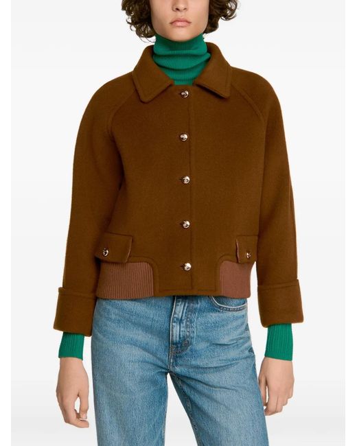 Sandro Brown Button-Up Wool-Blend Jacket