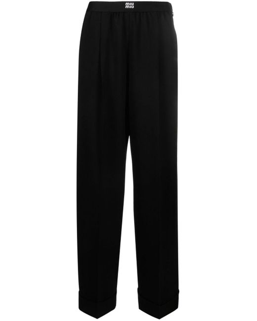 Miu Miu Logo-waistband Wool-blend Trousers in het Black