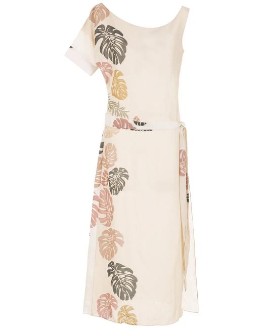 Amir Slama Natural Palm Leaf Print Asymmetric Dress