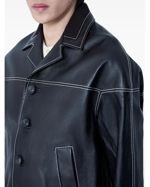Wales Bonner Blue Ribbed Trims Notched Leather Jacket for men