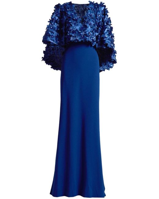 Tadashi Shoji Blue Floral-appliqué Crepe Gown