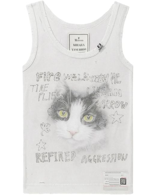 Maison Mihara Yasuhiro Gray Tanktop mit Katzen-Print