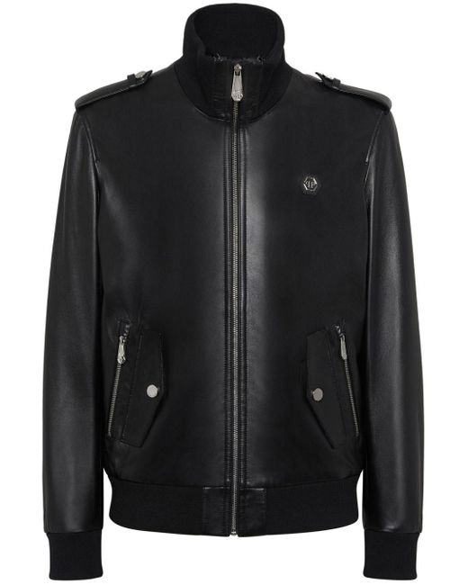 Philipp Plein Black Logo-appliqué Leather Jacket for men