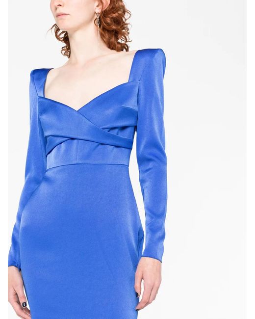 Alex Perry Blue Linden Crossover Strong-shoulder Satin Crepe Midi Dress