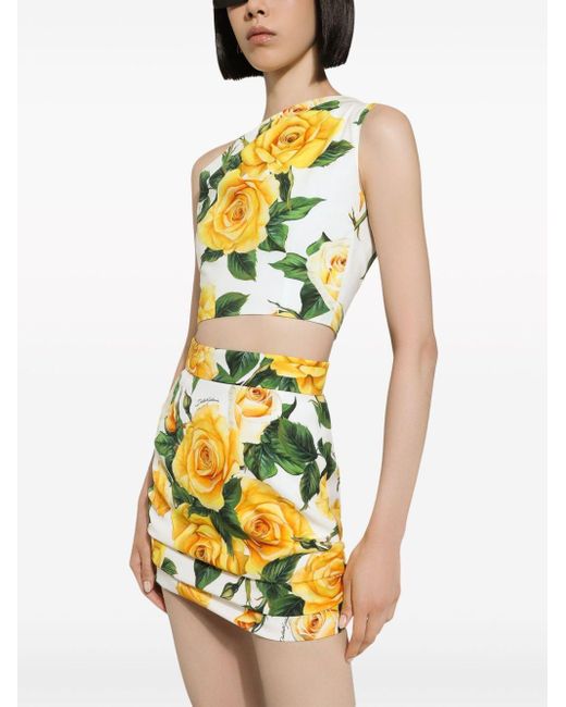 One-shoulder cotton crop top with yellow rose print Dolce & Gabbana