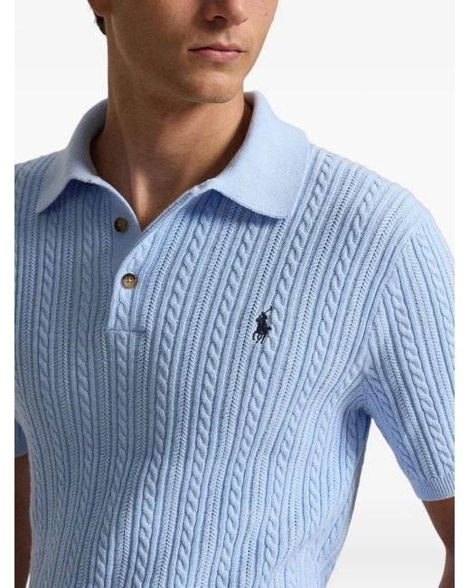 Polo Ralph Lauren Blue Cable-Knit Cotton Polo-Collar Jumper for men