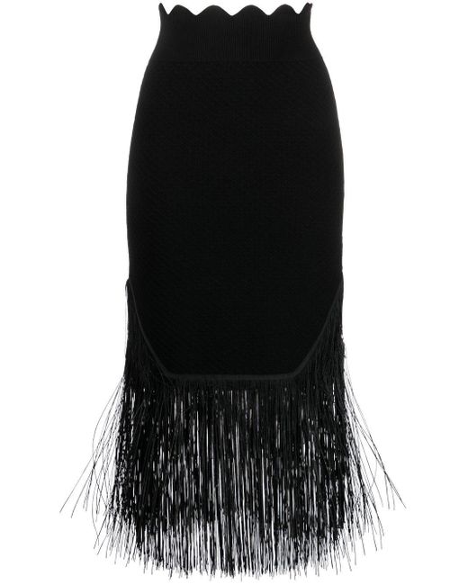 Victoria Beckham Fringe Midi Skirt in Black | Lyst