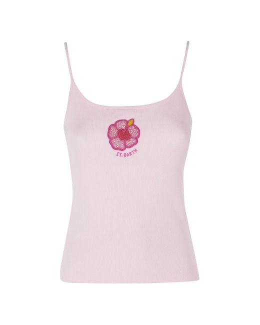 Mc2 Saint Barth Pink Zaira Bead-Embellished Ribbed Top