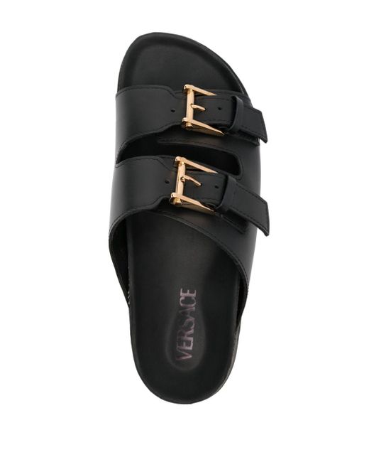 Versace Leren Slippers Met Gegraveerd Logo in het Black voor heren