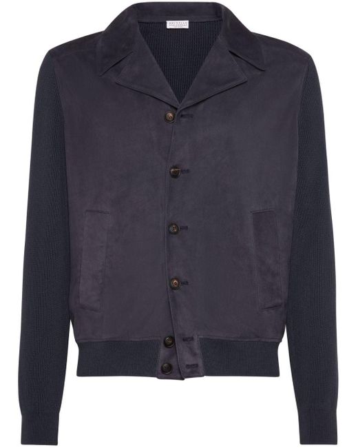 Brunello Cucinelli Blue Knit-panelled Suede Jacket for men