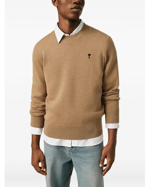 AMI Natural Crewneck Wool Sweater With Ami De Coeur for men