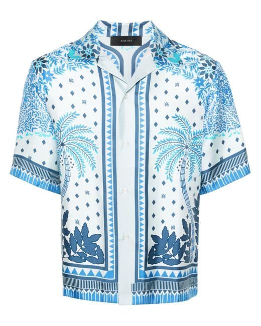 Amiri Blue Camp-collar Printed Silk-twill Shirt for men