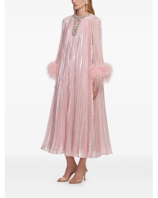 Self-Portrait Pink Metallic Chiffon Feather Midi Dress