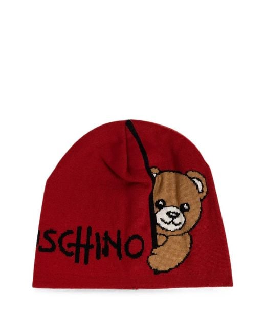 Moschino Red Logo-Intarsia Teddy Bear Beanie Hat