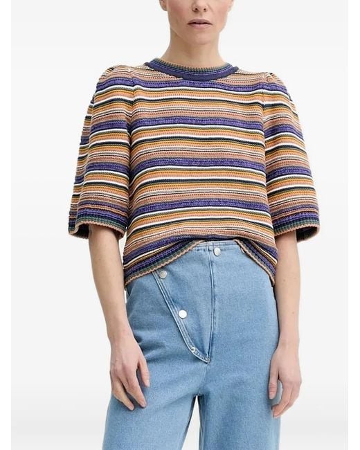Ba&sh Blue Puff-Sleeve Striped T-Shirt