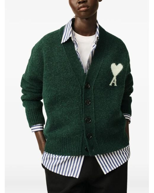 AMI Green Cardigan En Alpaga Avec Ami De Cœur