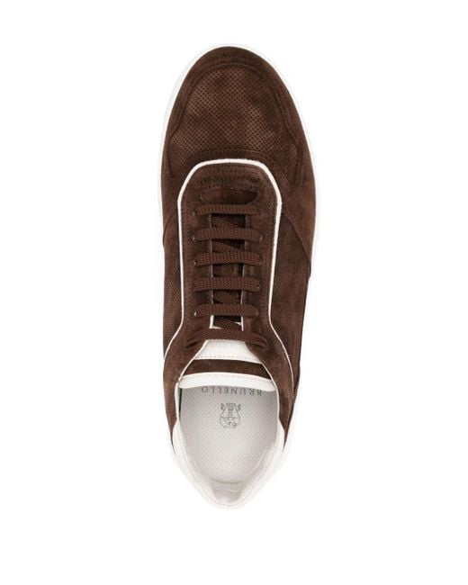 Brunello Cucinelli Brown Suede-trimmed Perforated Leather Sneakers for men