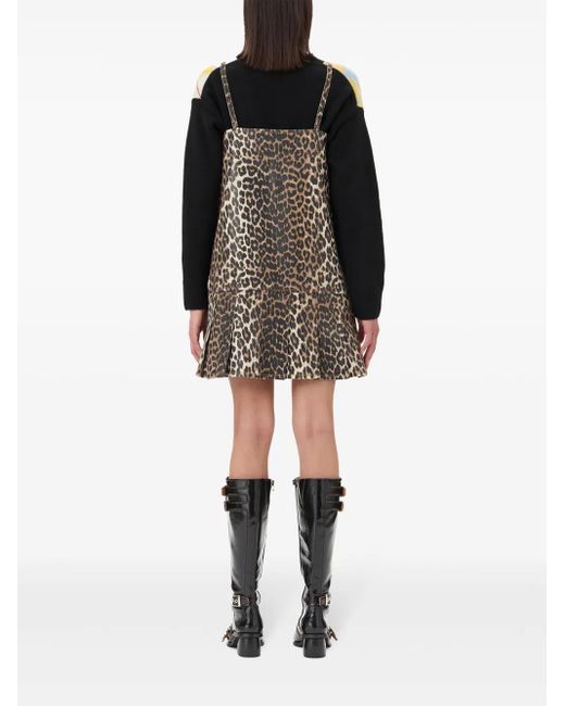 Ganni Natural Leopard-Print Pleated Mini Dress