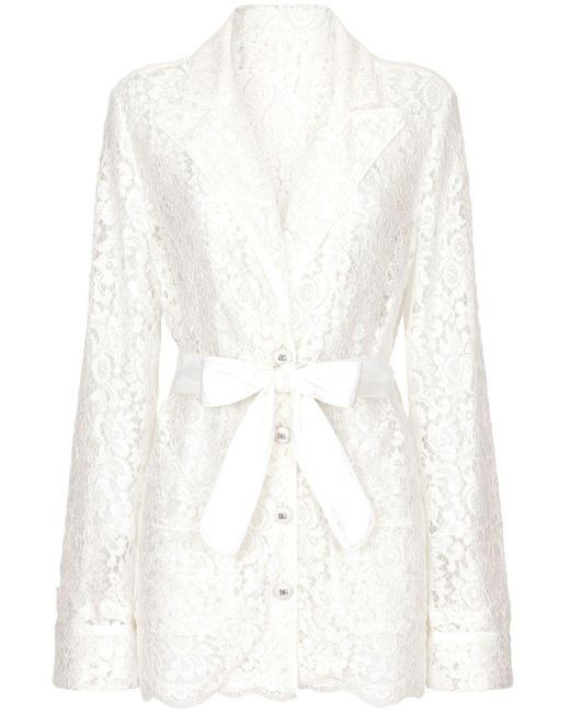 Dolce & Gabbana White Floral-Lace Belted Shirt