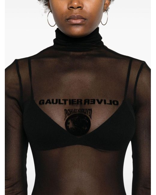 Jean Paul Gaultier Black X Shayne Oliver Mesh-Oberteil mit beflocktem Logo